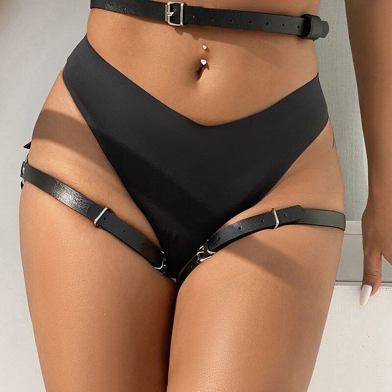 Arnés cintura y piernas cuero negro talla única - Kinkyloov