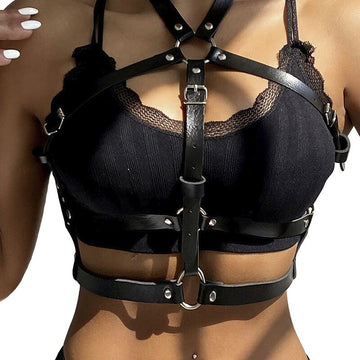 Arnés de Pecho Anillas de Cuero Negro Talla Única - Kinkyloov