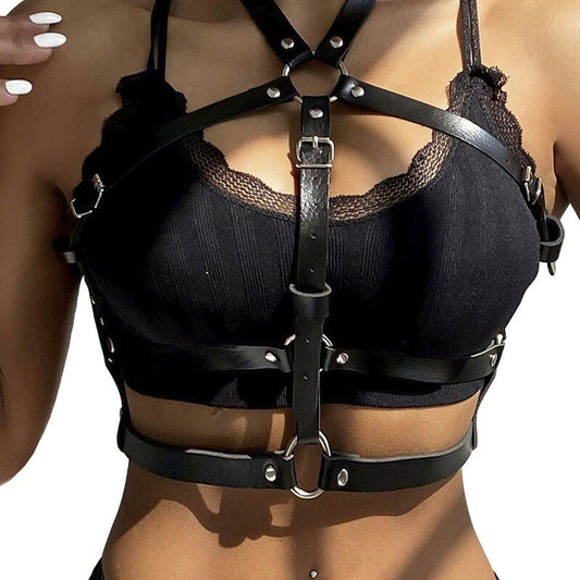 Arnés de Pecho Anillas de Cuero Negro Talla Única - Kinkyloov