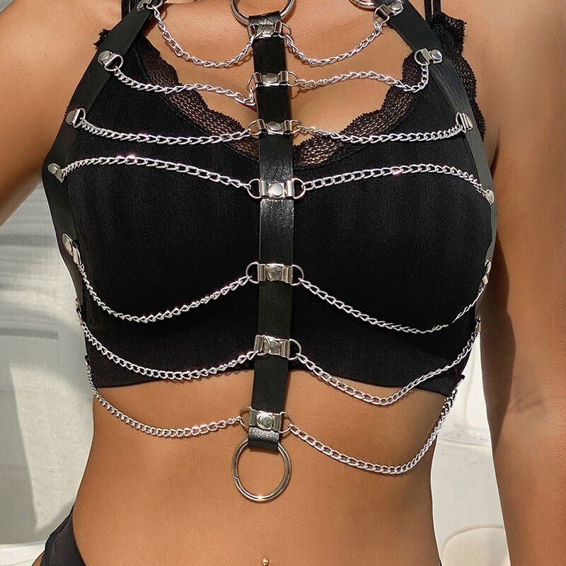 Arnés de Pecho Anillas de Cuero Negro Talla Única - Kinkyloov