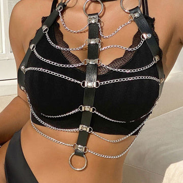 Arnés de Pecho Anillas de Cuero Negro Talla Única - Kinkyloov