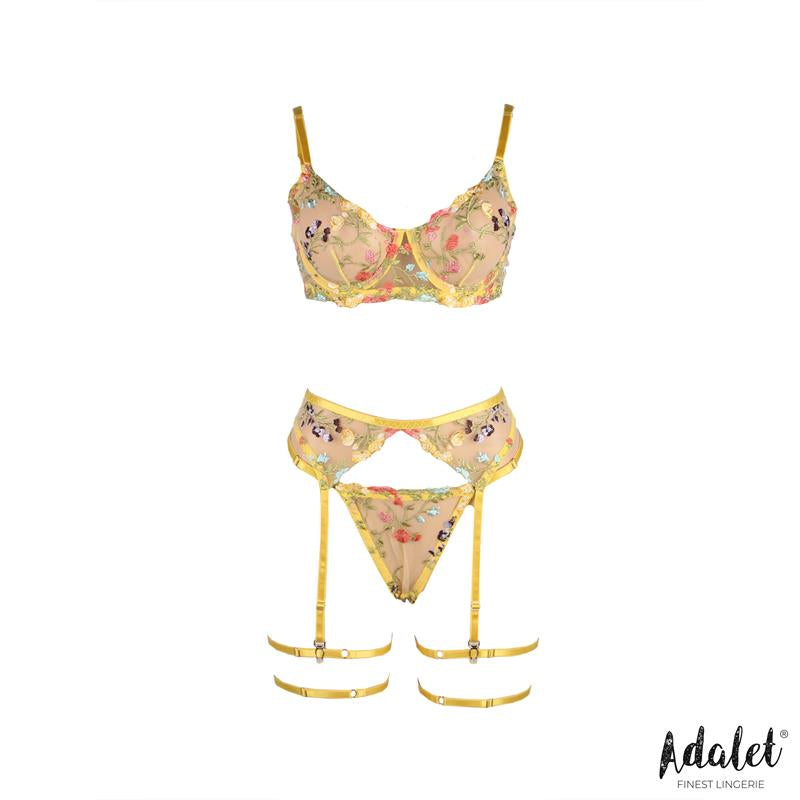 Zoey Set Sujetador, Tanga, Liguero y Ligas Amarillo Floral