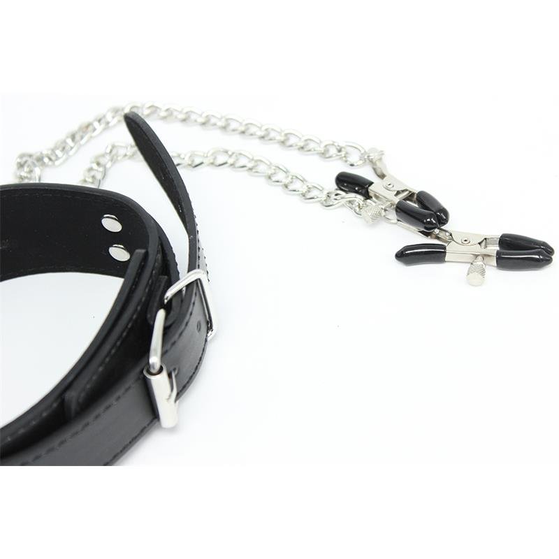 Collar con Pezoneras y Cadena de Metal Negro - Kinkyloov