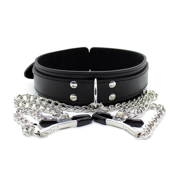Collar con Pezoneras y Cadena de Metal Negro - Kinkyloov